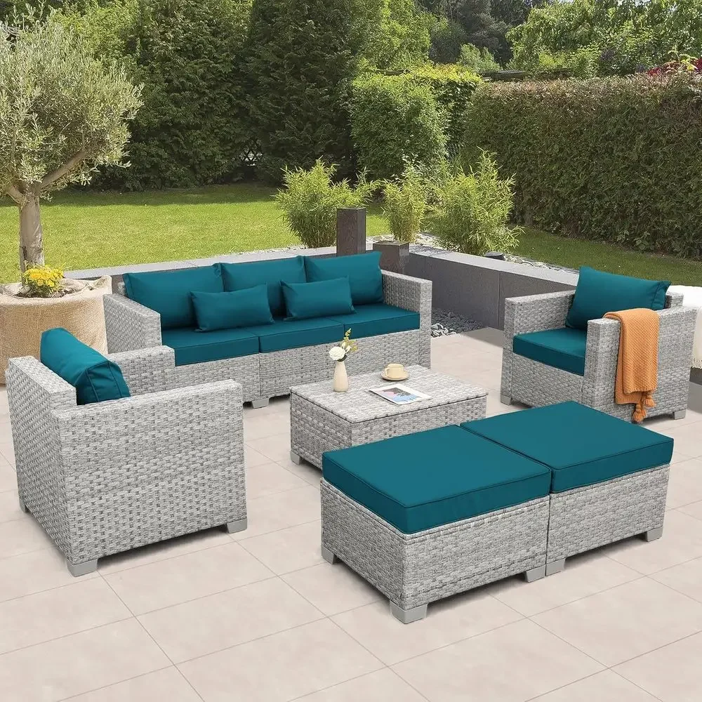 Outdoor Furniture With Storage For Cushions - 6 Parçalı Gri Hasır Dış Mekan