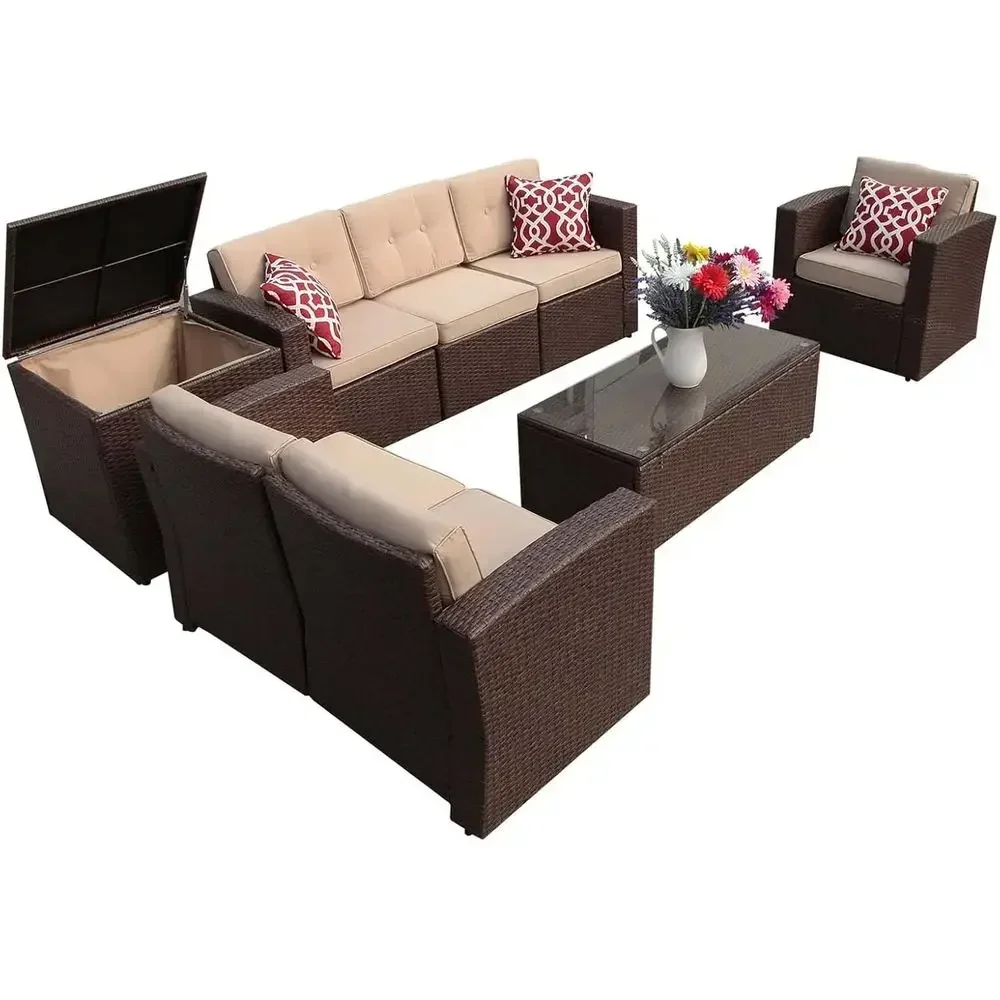 Outdoor Furniture With Storage For Cushions - 8 Parçalı Açık Hava Hasır Bahçe