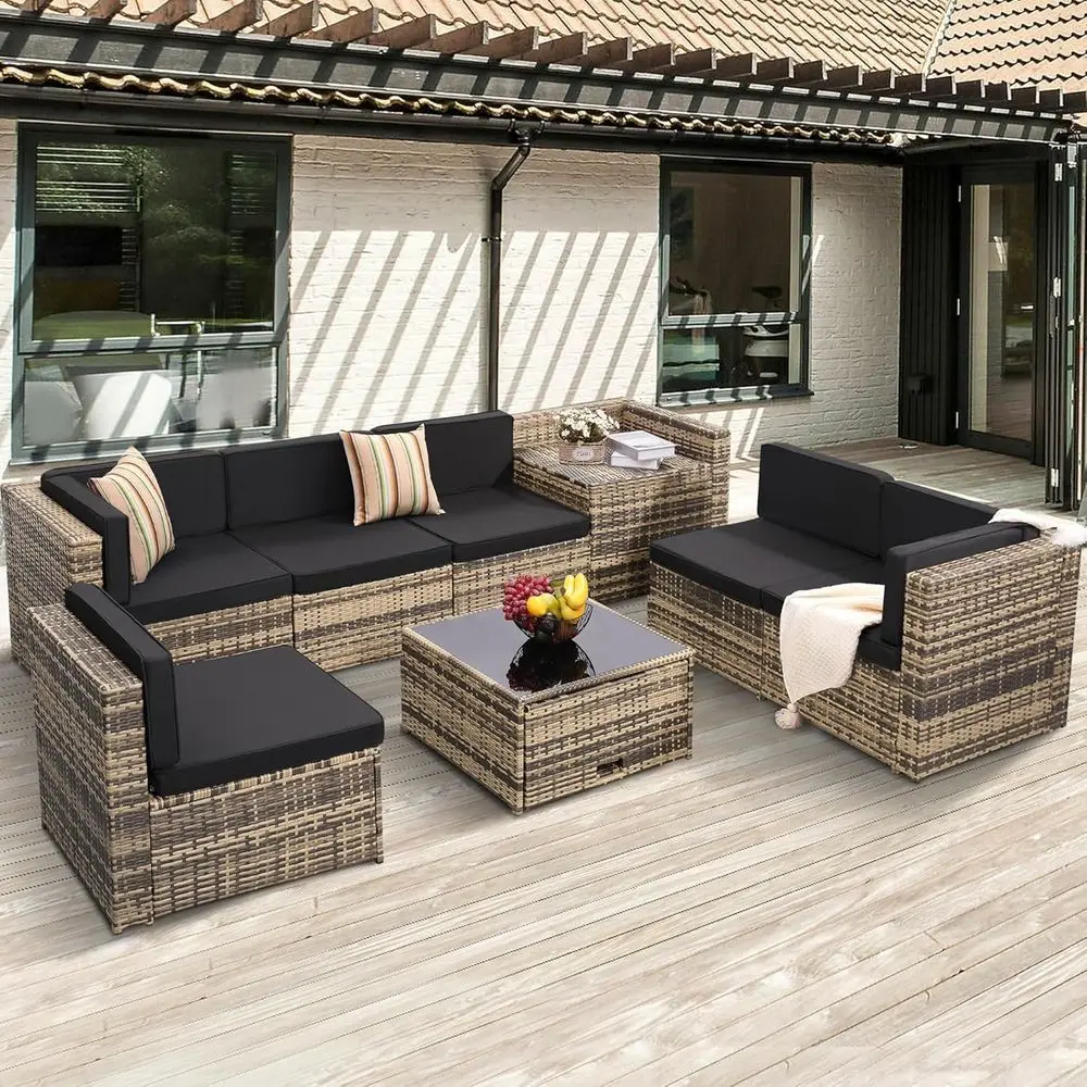 Outdoor Furniture With Storage For Cushions - 8 Parçalı Açık Hava Hasır Bahçe